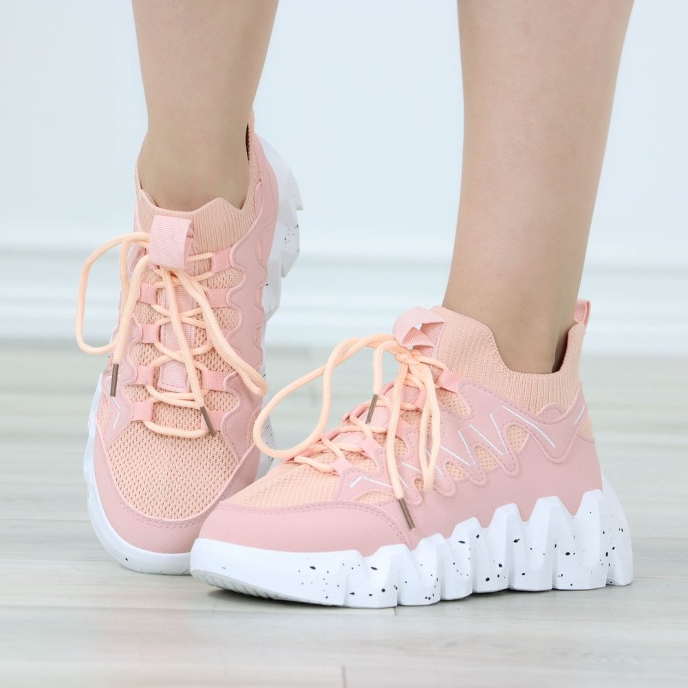 Womens Sock Sneakers Pink Fashion Chunky Heel Snockers Shoes Slip Ons